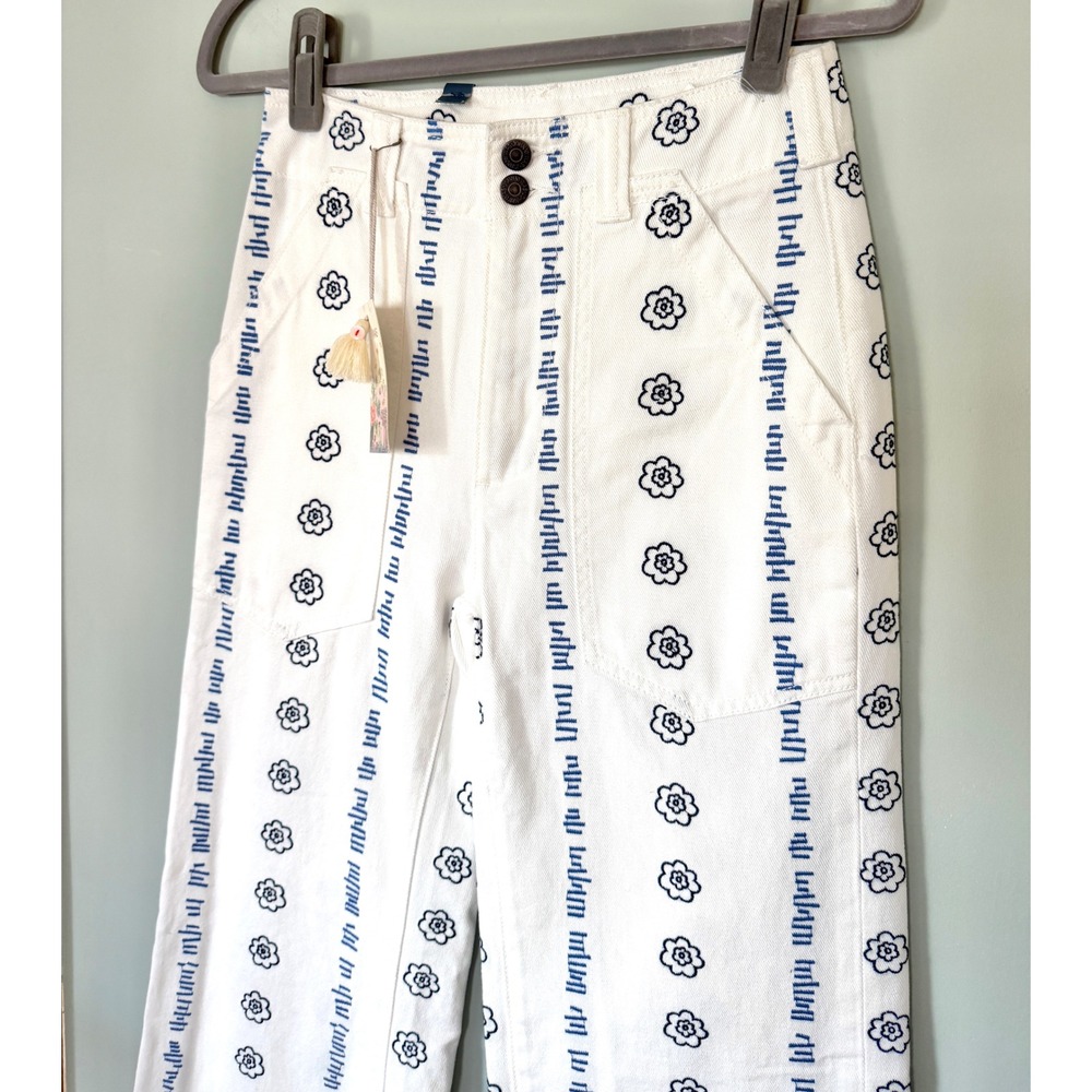 Johnny Was‎ Wide Leg Floral Embroidered Denim Trouser Pants White Blue NWT 25/2 - Picture 7 of 16